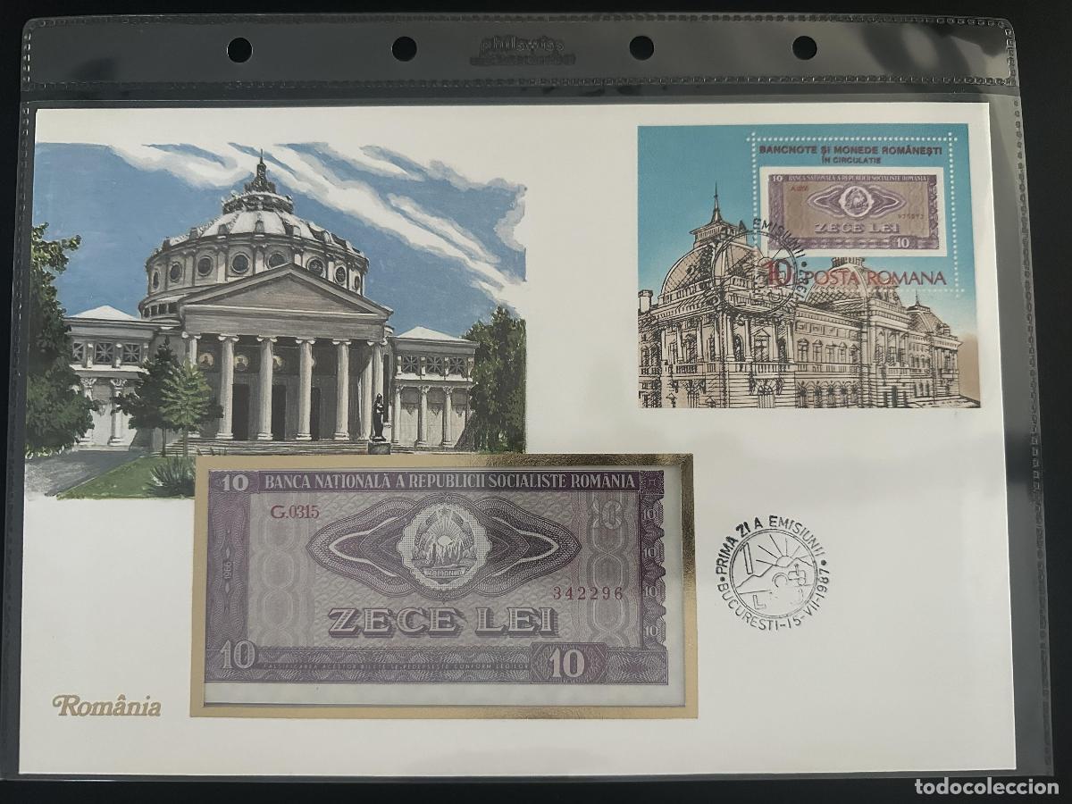 Sellos: Ruman&iacute;a sobre numism&aacute;tico billete 10 Lei bloque sellado 1987