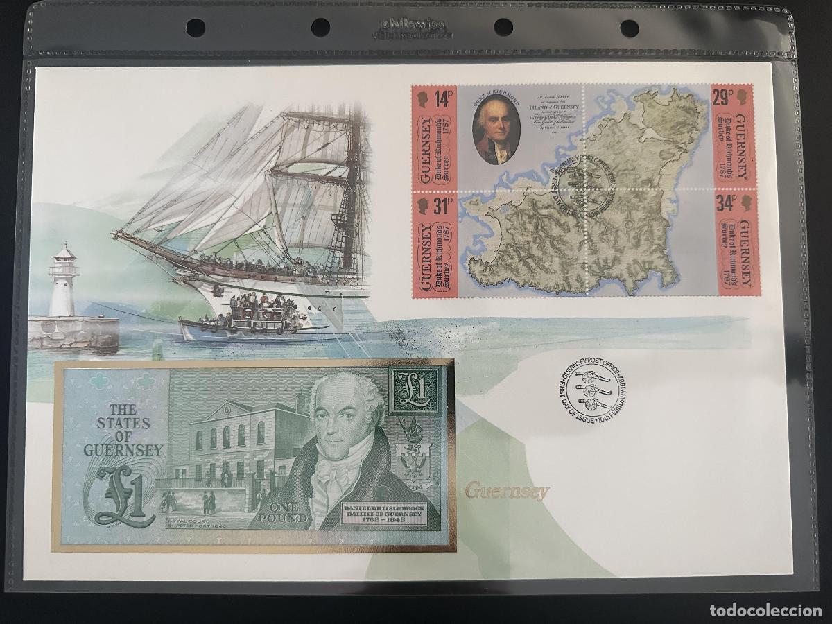 Sellos: Guernsey 1987 FDC Duke of Richmond Survey bloque mapa billete 1 libra