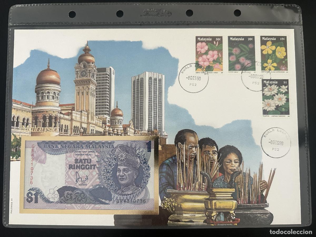 Sellos: Malasia 1990 Philswiss FDC Kuala Lumpur flores billete 1 Ringgit