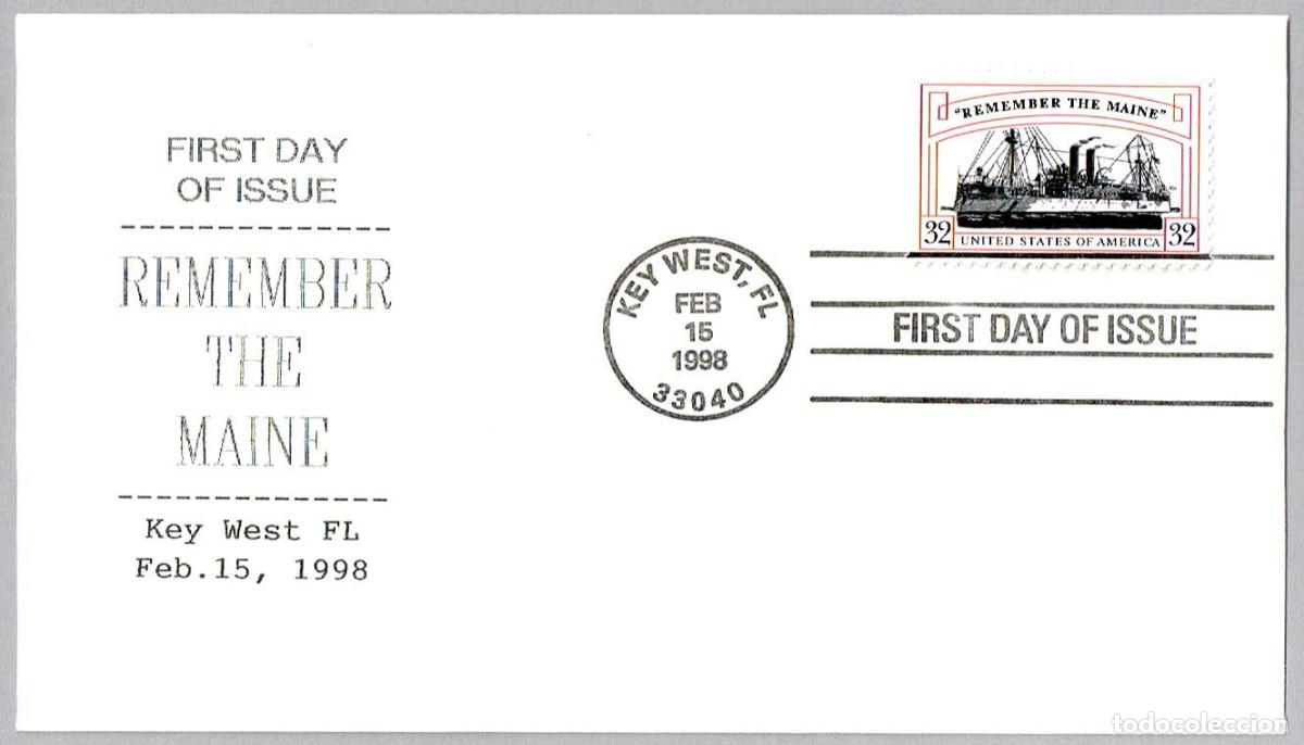 Sellos: Matasellos Primer Dia - RECUERDA EL MAINE - GUERRA DE CUBA ESPA&Ntilde;A. Key West FL, Estados Unidos, 1998