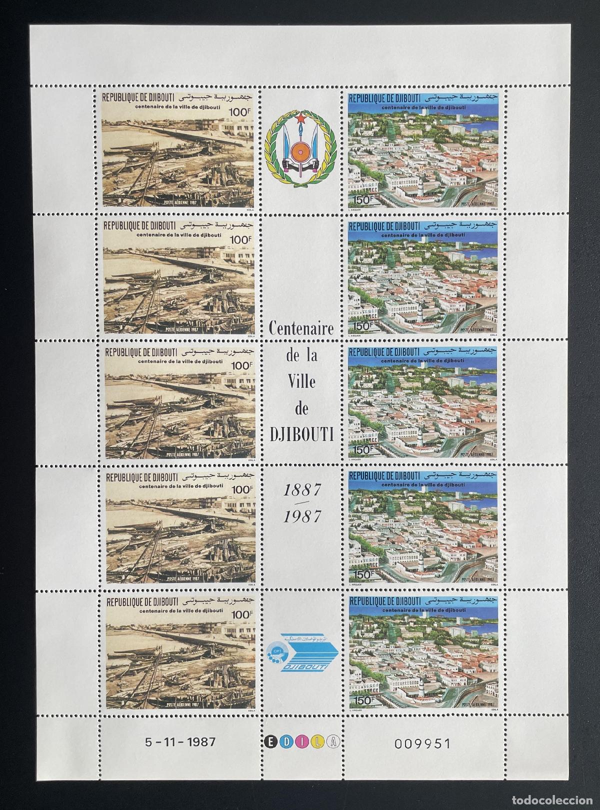 Sellos: Yibuti 1987 YT PA 240A bloque centenario ciudad puerto correo a&eacute;reo