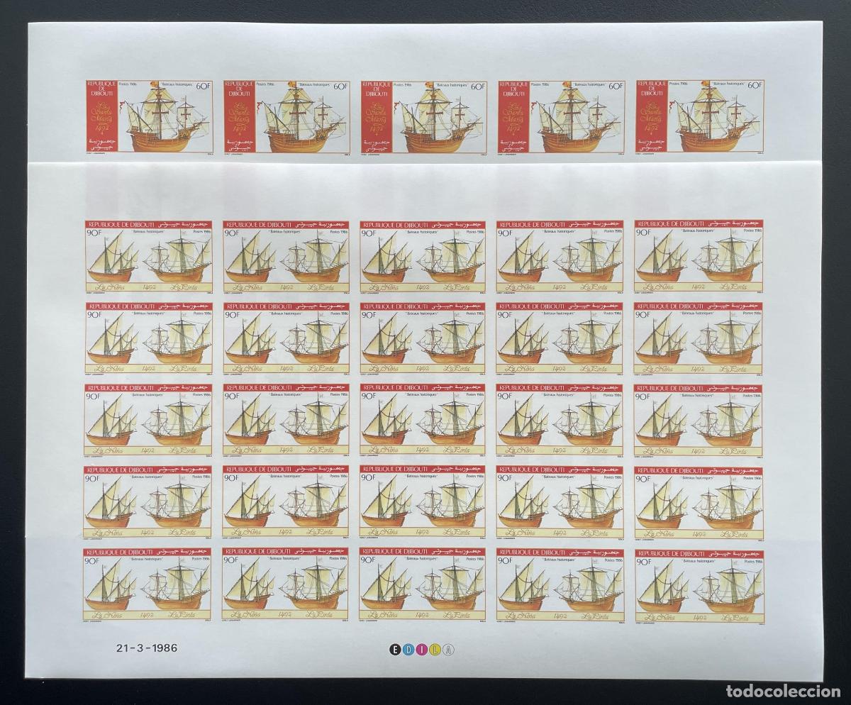 Sellos: Yibuti 1986 YT 620-621 ND tabl&oacute;n barcos hist&oacute;ricos Col&oacute;n veleros