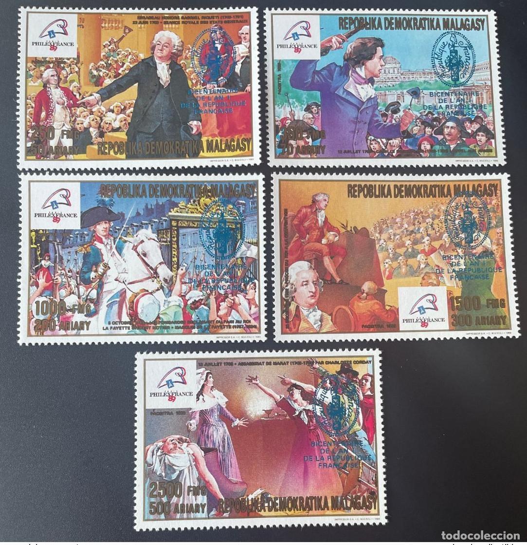 Sellos: Madagascar 1989/1993 Mi. 1552 - 1556 Revoluci&oacute;n francesa sobrecargada azul 1789