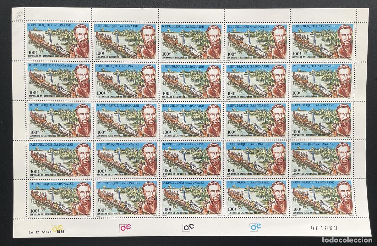 Sellos: Gab&oacute;n 1986 YT PA 273 bloque Centenario Lastoursville explorador piragua
