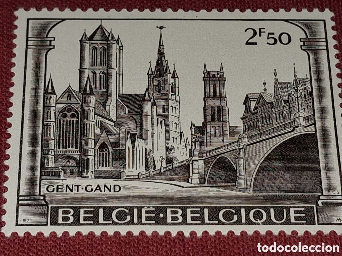 Sellos: Sello (1/2v) B&eacute;lgica nuevo 1971. Turismo. Arquitectura. Vistas Gent. Bas&iacute;lica. Catedral. Puente.