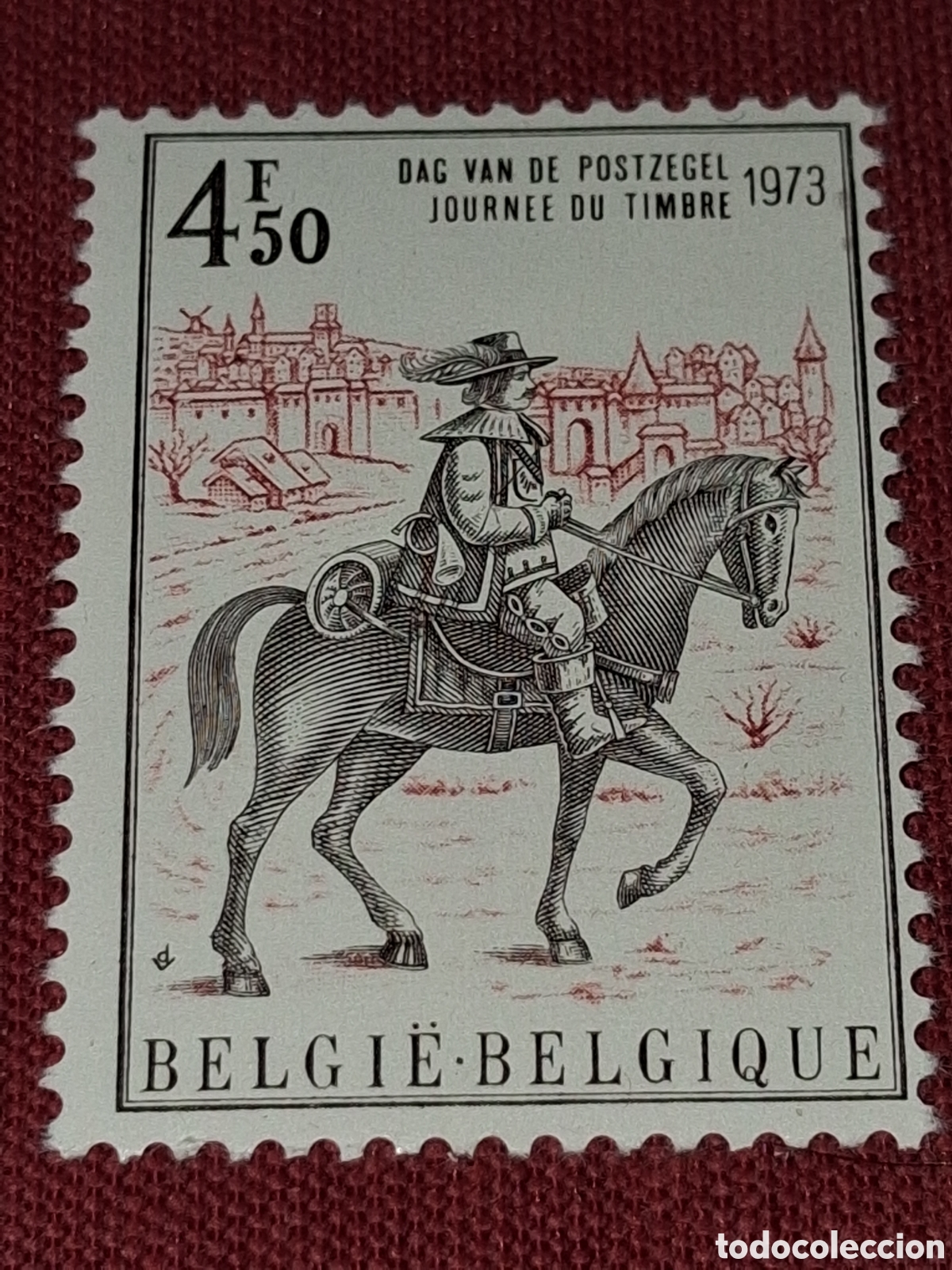 Sellos: Sello B&eacute;lgica nuevo 1973. D&iacute;a sello. Caballo. Cartero. Jinete. Uniforme. Disfraz. Fauna. Mam&iacute;fero.