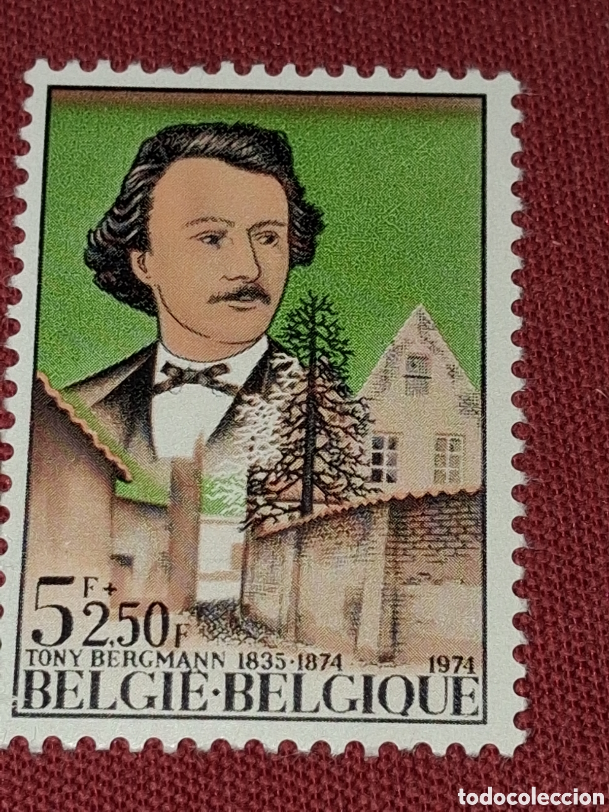 Sellos: Sello (1/4v) B&eacute;lgica nuevo 1974. Cultura. Tony Bregmann. Ciudad Lier. Autores. Arquitectura. Arboles