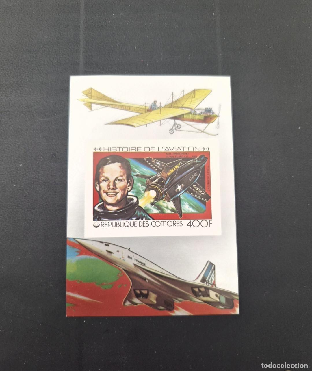 Sellos: Comoras 1977 Mi. Bl. 155 ND Neil Armstrong X-15 aviaci&oacute;n Concorde