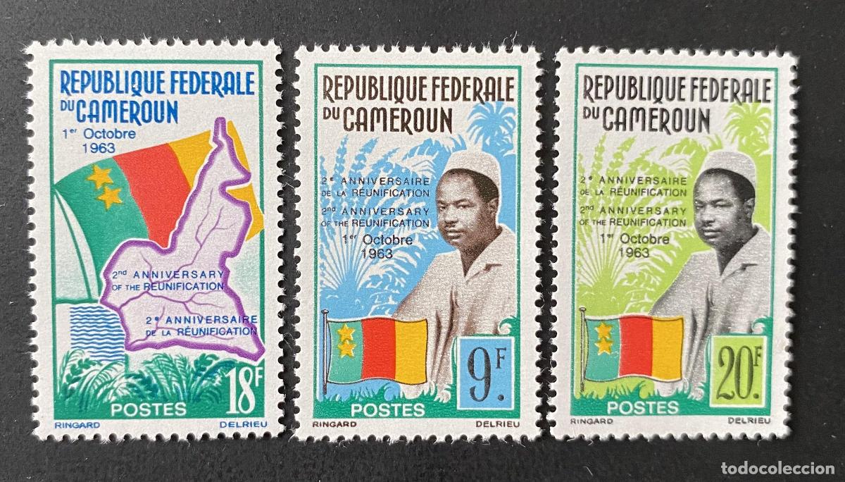 Sellos: Camer&uacute;n 1963 Mi. 395-397 aniversario reunificaci&oacute;n bandera mapa