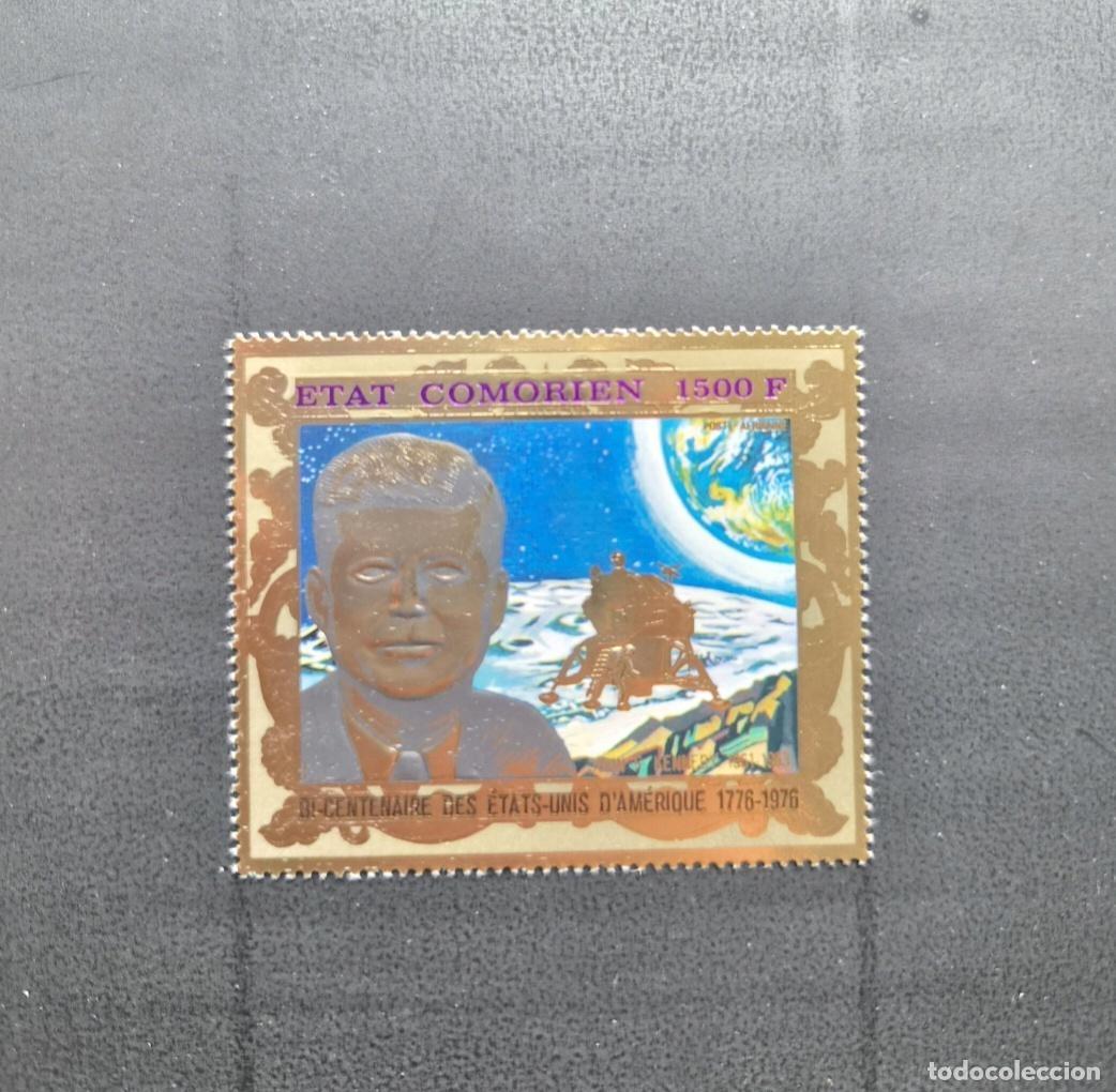 Sellos: Comoras 1976 Mi. 323 Kennedy Bicentenario USA Apollo Luna Espacio oro