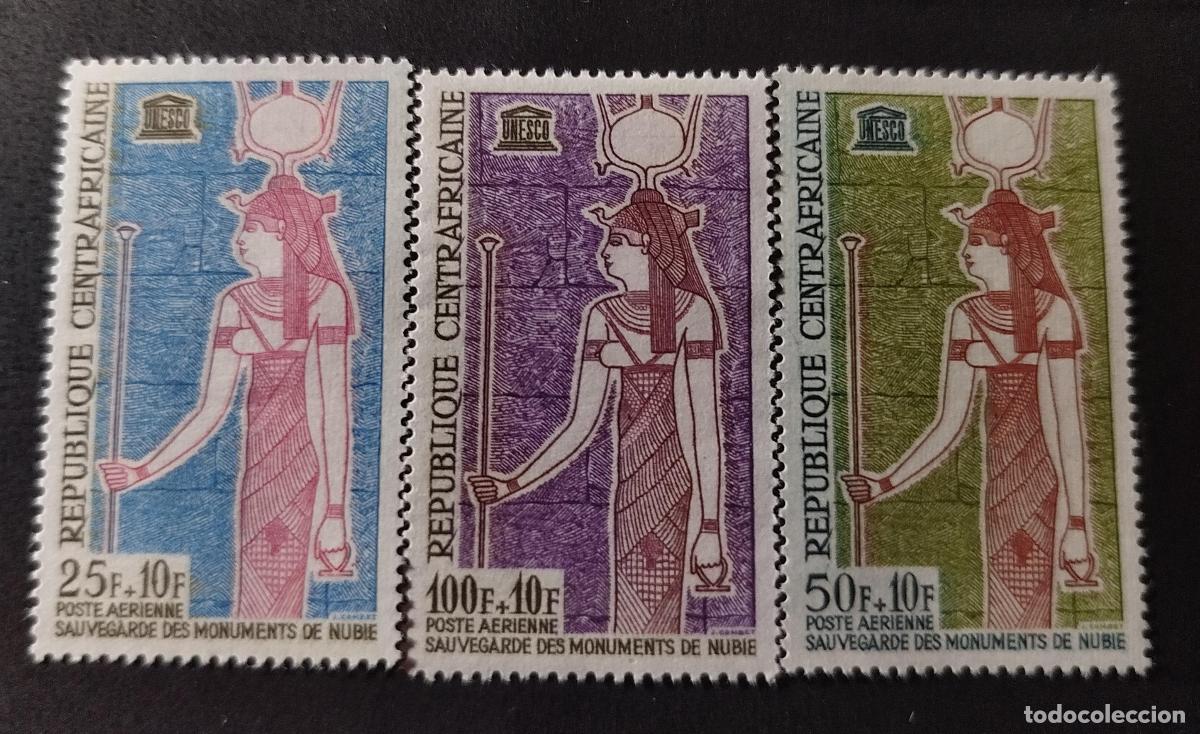 Sellos: Centro&aacute;frica 1964 Mi. 53-55 UNESCO monumentos Nubia Isis correo a&eacute;reo