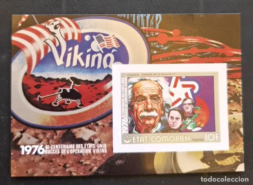 Sellos: Comoras 1976 Mi. Bl. 306 ND Einstein relatividad Viking Marte espacio