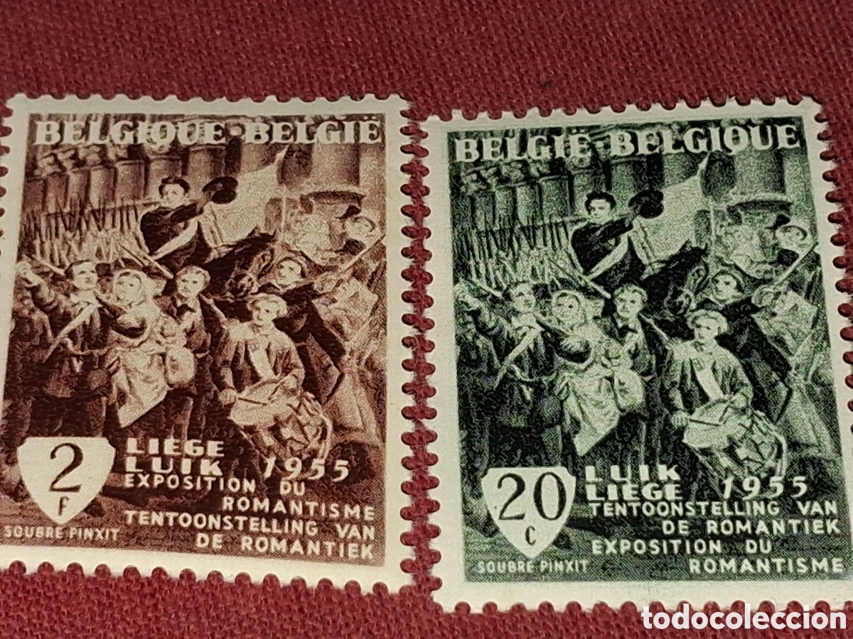 Sellos: Sello B&eacute;lgica nuevo 1955. Exp romanticismo. Salida voluntarios. Arte. Pinturas. Tambor. Gente. Charl