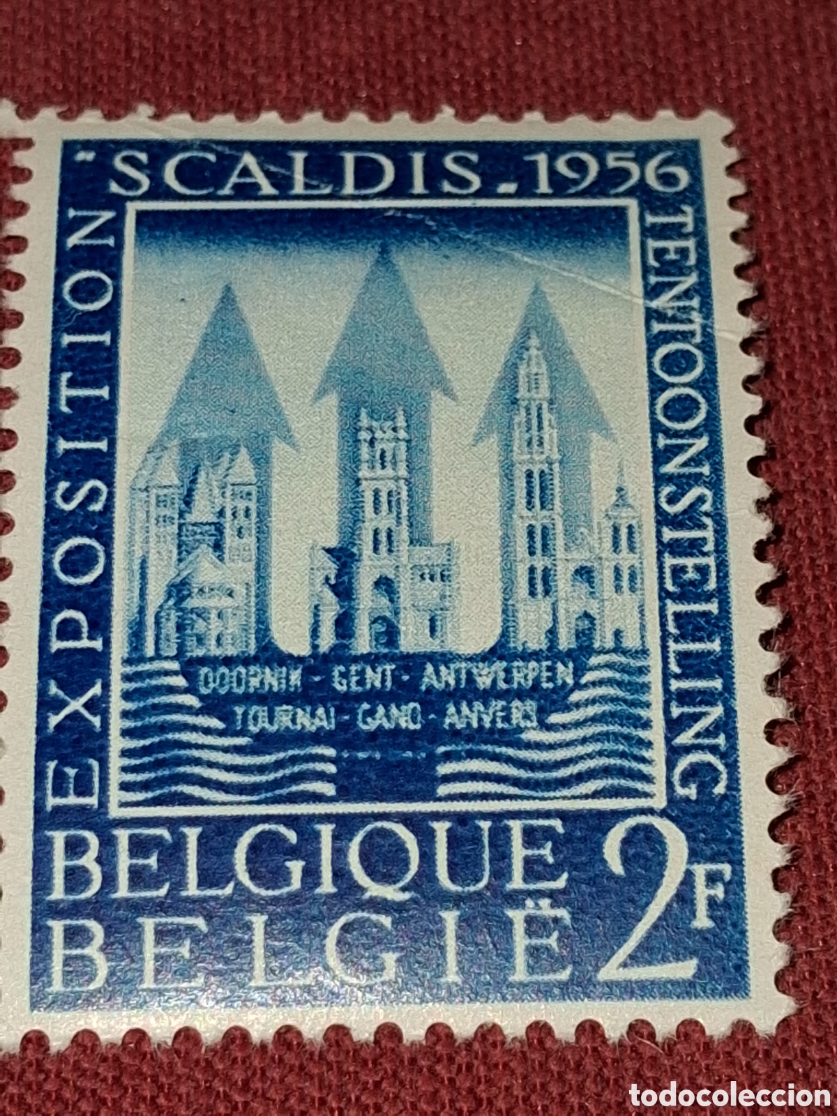 Sellos: Sello B&eacute;lgica nuevo 1956. Exp Scaldia, cultura, artistas. Tridente Neptuno. Arquitectura. Sede. His