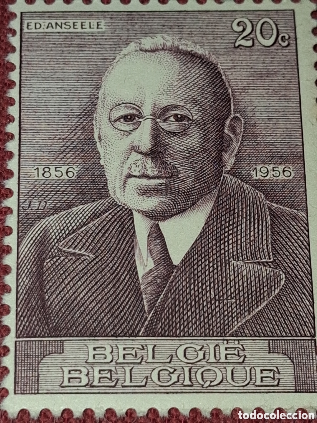 Sellos: Sello B&eacute;lgica nuevo 1956. 100Aniv nacimiento primer ministro Edouard Anseel. Historia. Pol&iacute;tico.