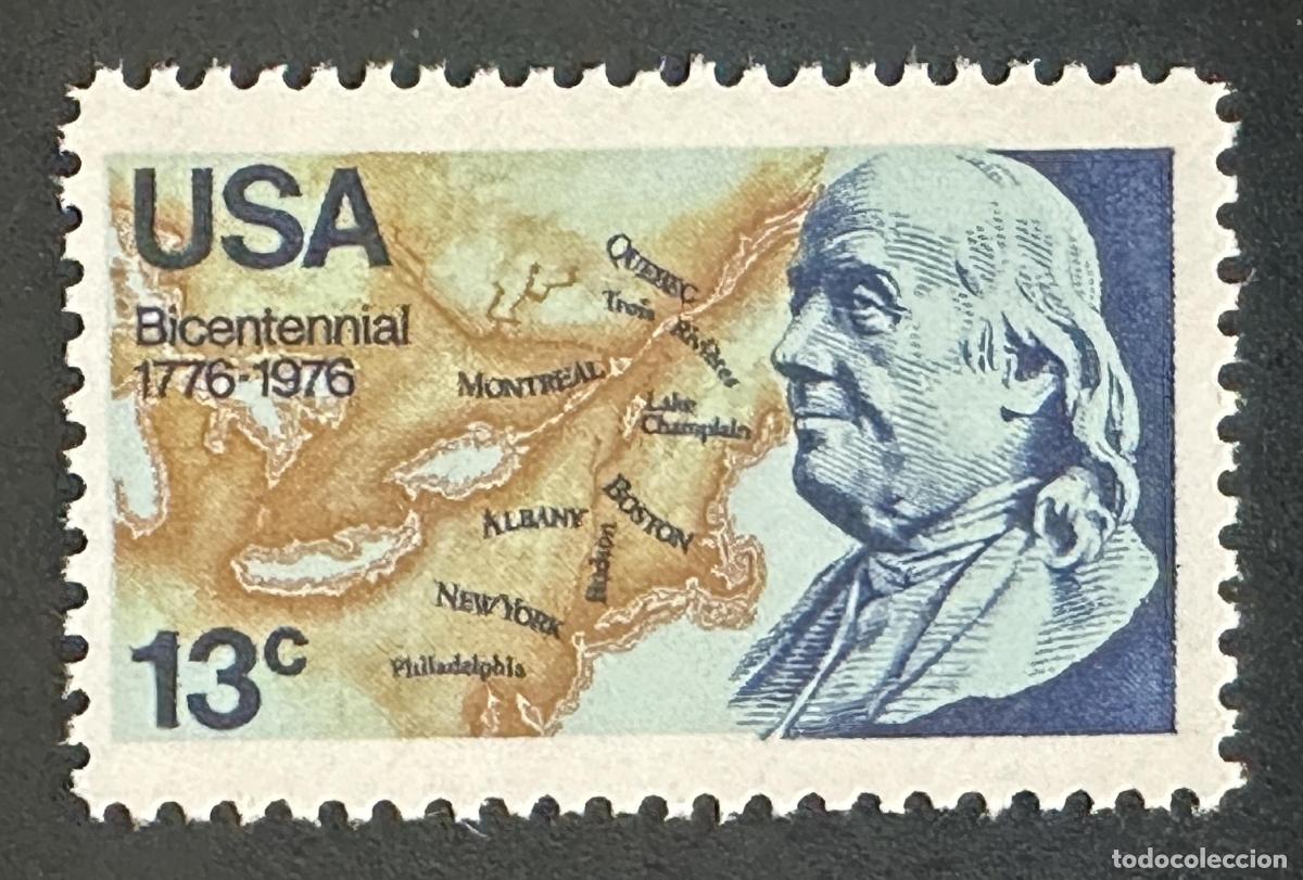 Sellos: EE.UU. 1976 Mi. 1277 emisi&oacute;n conjunta Bicentennial Franklin tarjeta