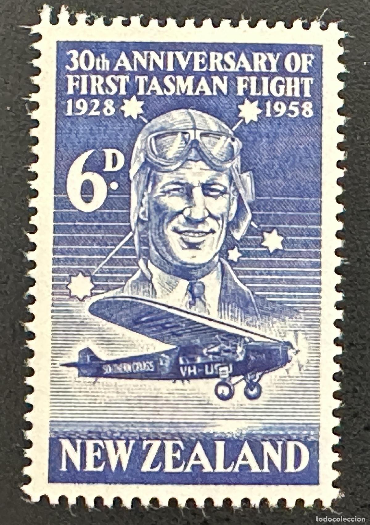 Timbres: Nueva Zelanda 1958 Mi. 376 emisi&oacute;n conjunta vuelo Tasman aviaci&oacute;n avi&oacute;n