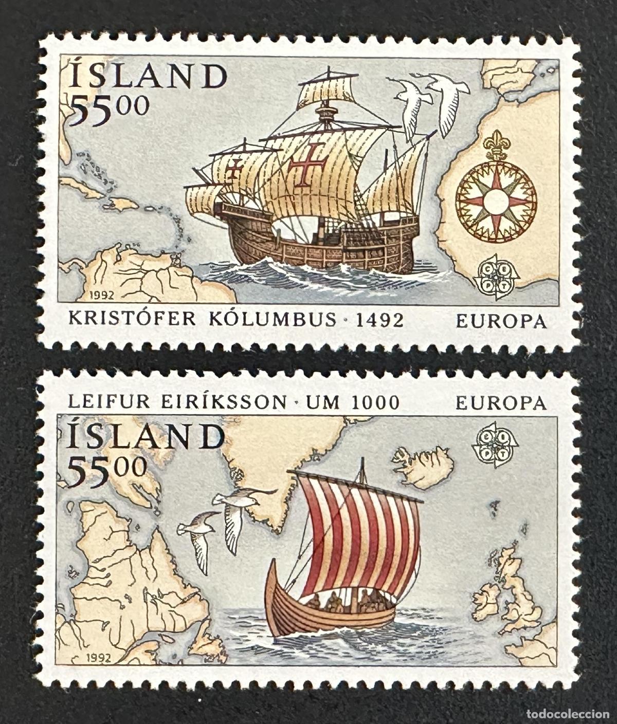 Sellos: Islandia 1992 Mi. 762-763 emisi&oacute;n Europa Col&oacute;n Eriksson barcos