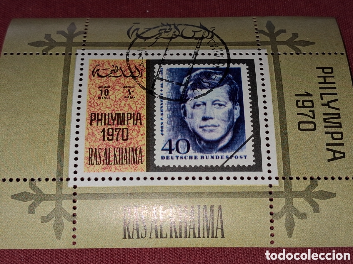 Sellos: HB Ras al Khaimah mtdo 1970. Exp Filt Inter. Londres. Historia postal. J. F. Kennedy. Pol&iacute;tico. Pres