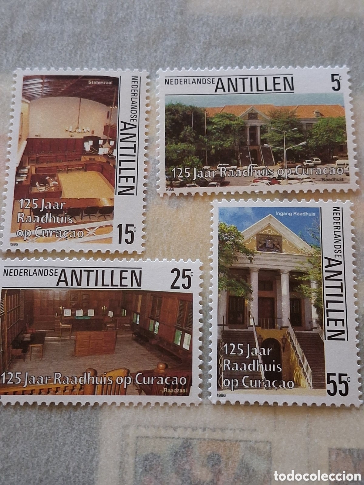 Sellos: Sello Antillas Holandesas nuevo 1986. 125Aniv Ayuntamiento Curacao. Arquitectura. Vistas. Historia