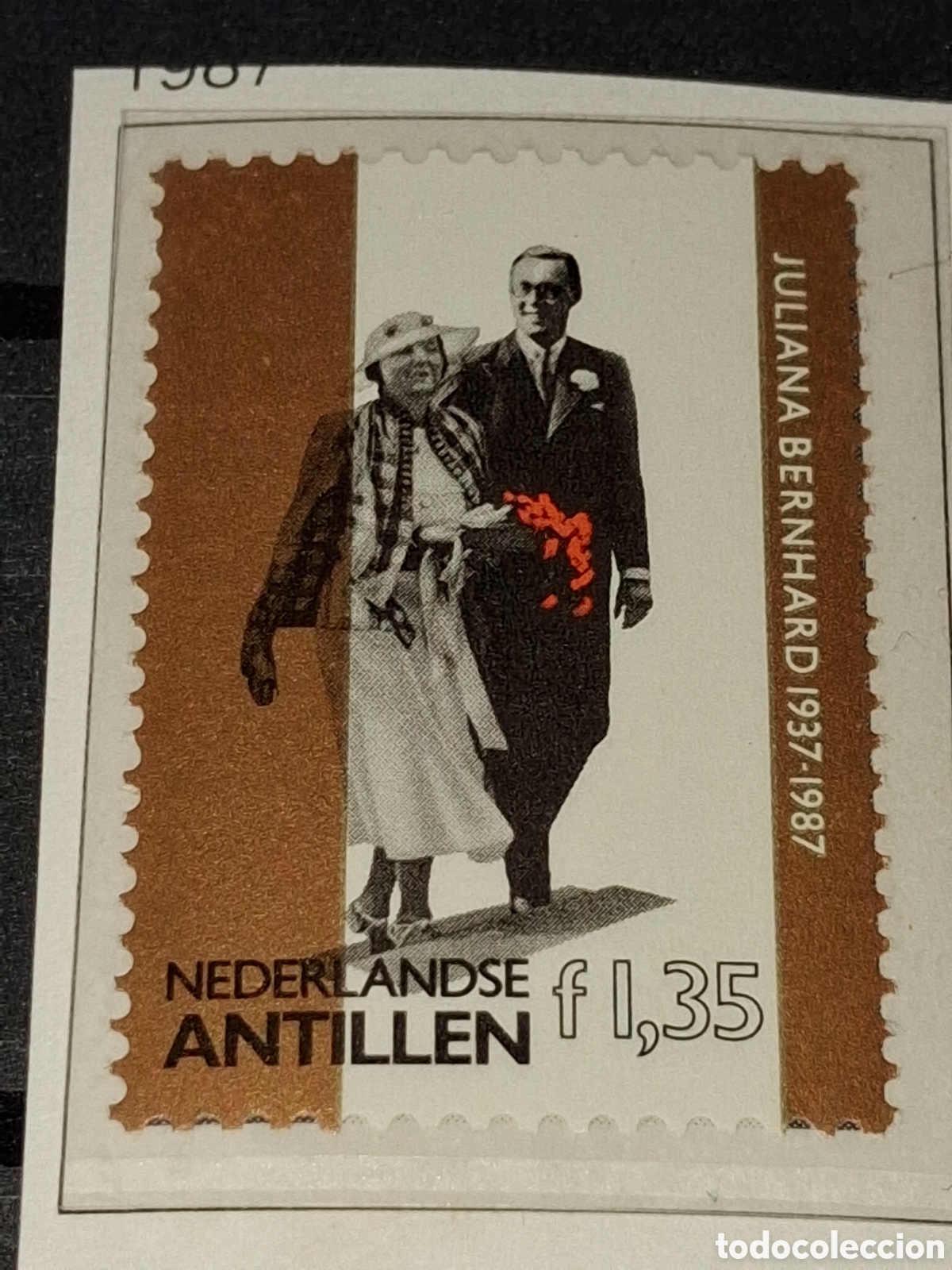 Sellos: Sello Antillas Holandesas nuevo 1987. Bodas oro reina Juliana, Pr&iacute;ncipe Bernhard. Monarqu&iacute;a. Bandera