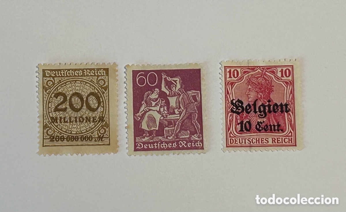 Sellos: LOTE DE 3 SELLOS. DEUTSCHES REICH. &Eacute;POCA OCUPACI&Oacute;N E INFLACI&Oacute;N. 1914. 1921. 1923. ALEMANIA
