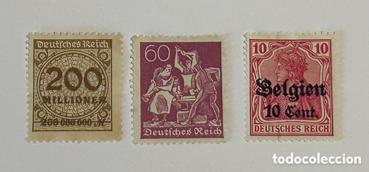 Sellos: LOTE DE 3 SELLOS. DEUTSCHES REICH. &Eacute;POCA OCUPACI&Oacute;N E INFLACI&Oacute;N. 1914. 1921. 1923. ALEMANIA