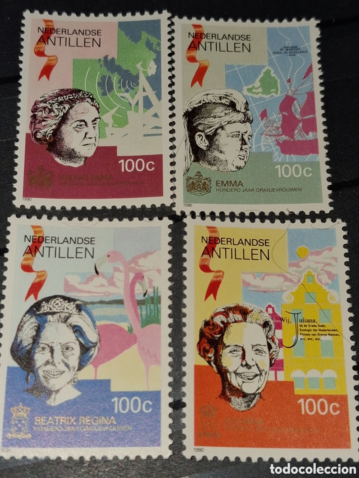 Sellos: Sello Antillas Holandesas nuevo 1990. Reinas Holanda. Monarqu&iacute;a. Historia. Cartograf&iacute;a. Barco. Aves.
