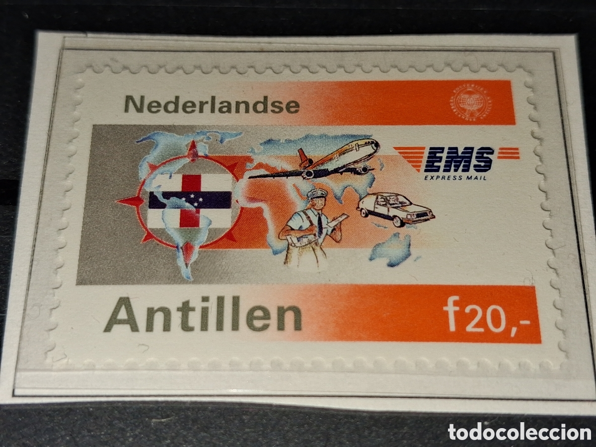 Sellos: Sello Antillas Holandesas nuevo 1991. 5Aniv servicio correos urg. Bandera. Aviones. Coche. Aviaci&oacute;n.