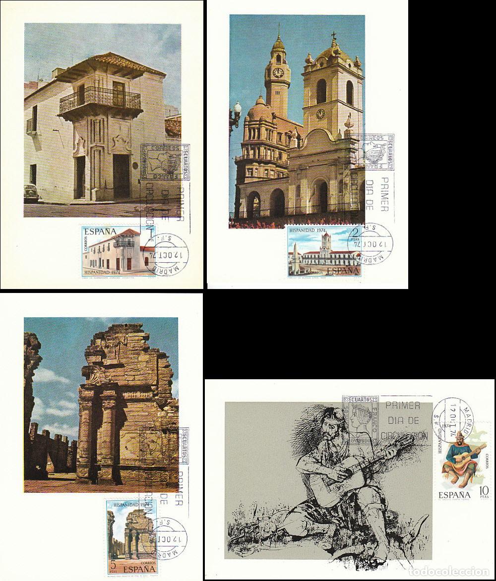 Sellos: EDIFIL 2213/6, HISPANIDAD 1974, ARGENTINA, TARJETA MAXIMA DE PRIMER DIA DE 12-10-1974