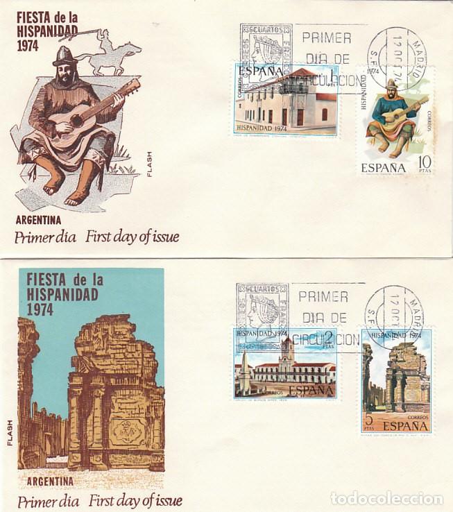 Sellos: EDIFIL 2213/6, HISPANIDAD: ARGENTINA, PRIMER DIA DE 12-10-1974 EN DOS SOBRES DE ALFIL/FLASH