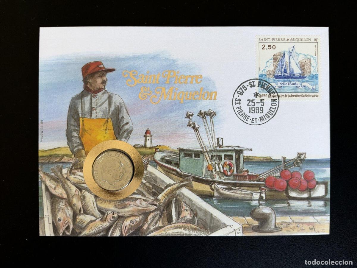 Sellos: San Pedro Miquel&oacute;n sobre numism&aacute;tico 1989 Philswiss