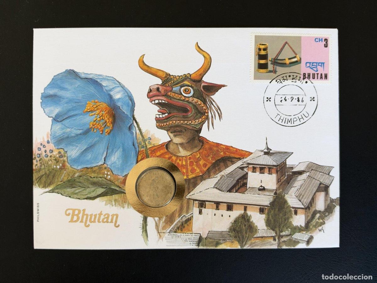 Briefmarken: But&aacute;n sobre numism&aacute;tico Philswiss 1986 Thimphu moneda
