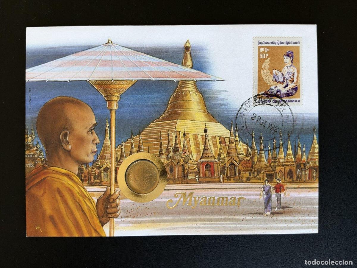 Sellos: Myanmar Sobre numism&aacute;tico Philswiss 1992 Pagoda Shwedagon