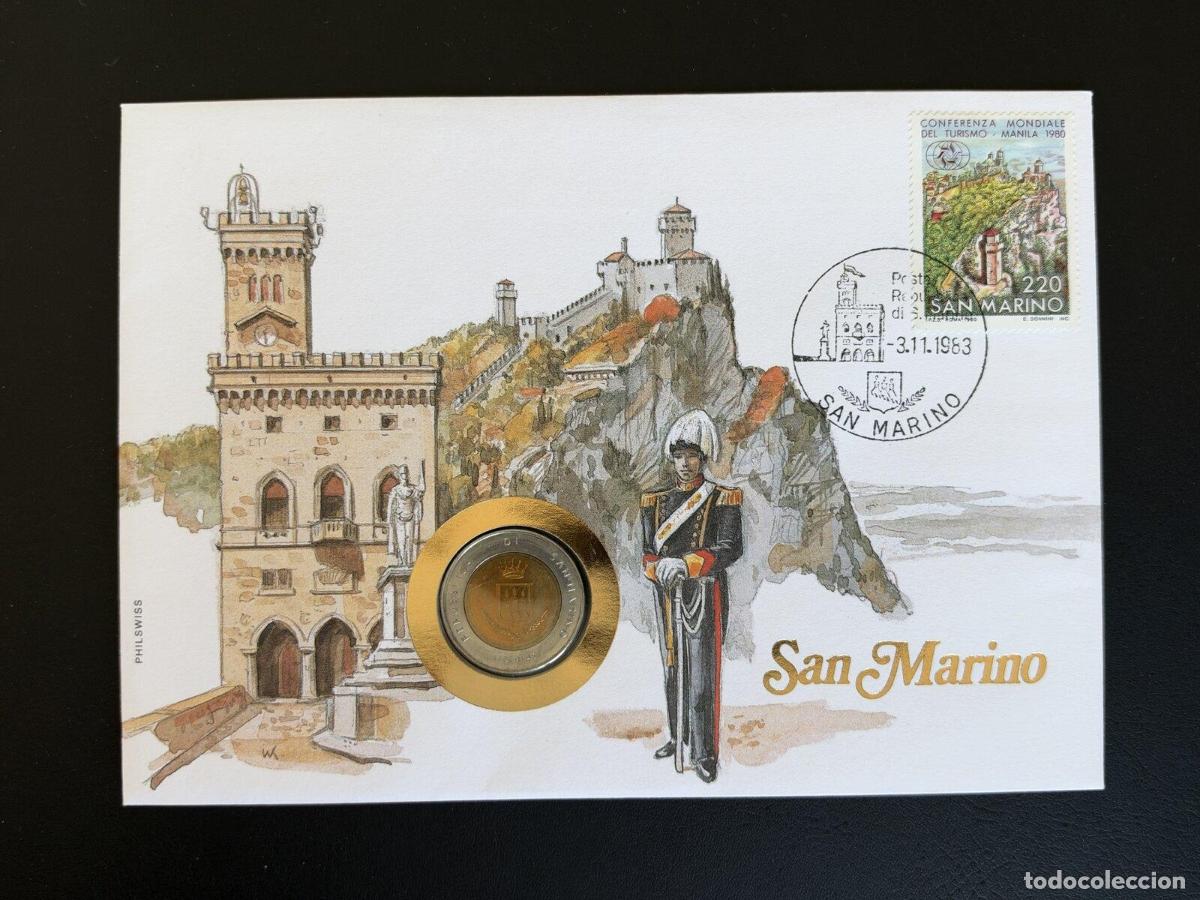 Sellos: San Marino sobre numism&aacute;tico Philswiss 1983 sello turismo