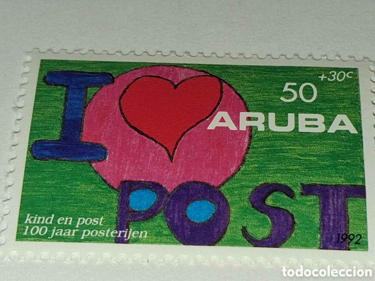 Sellos: Sello (1/3v) Aruba nuevo 1992. 100Aniv servicio postal. Coraz&oacute;n. Letras.
