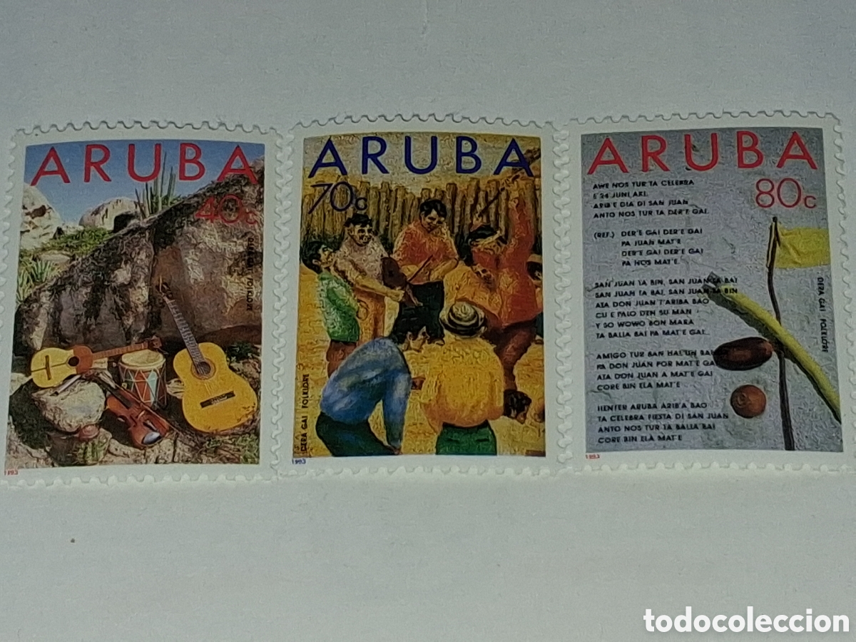Sellos: Sello Aruba nuevo 1993. Fiesta San Juan. Folclore. Entierro gato. M&uacute;sica. Danza. Guitarra. Flora.