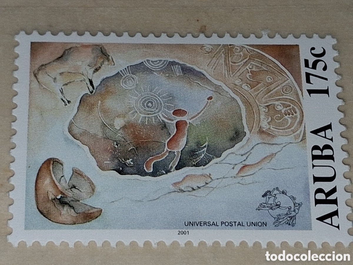 Sellos: Sello Aruba nuevo 2001. A&ntilde;o dialogo inter. Pinturas rupestres. Prehistoria. Uni&oacute;n Postal Universal.