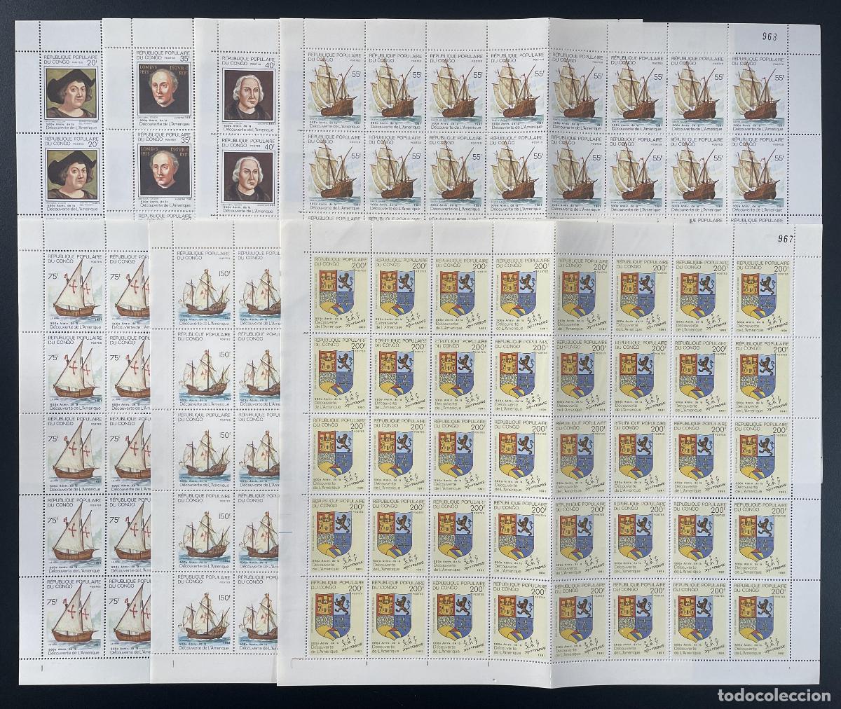 Sellos: Congo 1991 YT 940-946 tabl&oacute;n Crist&oacute;bal Col&oacute;n Discovery America barcos
