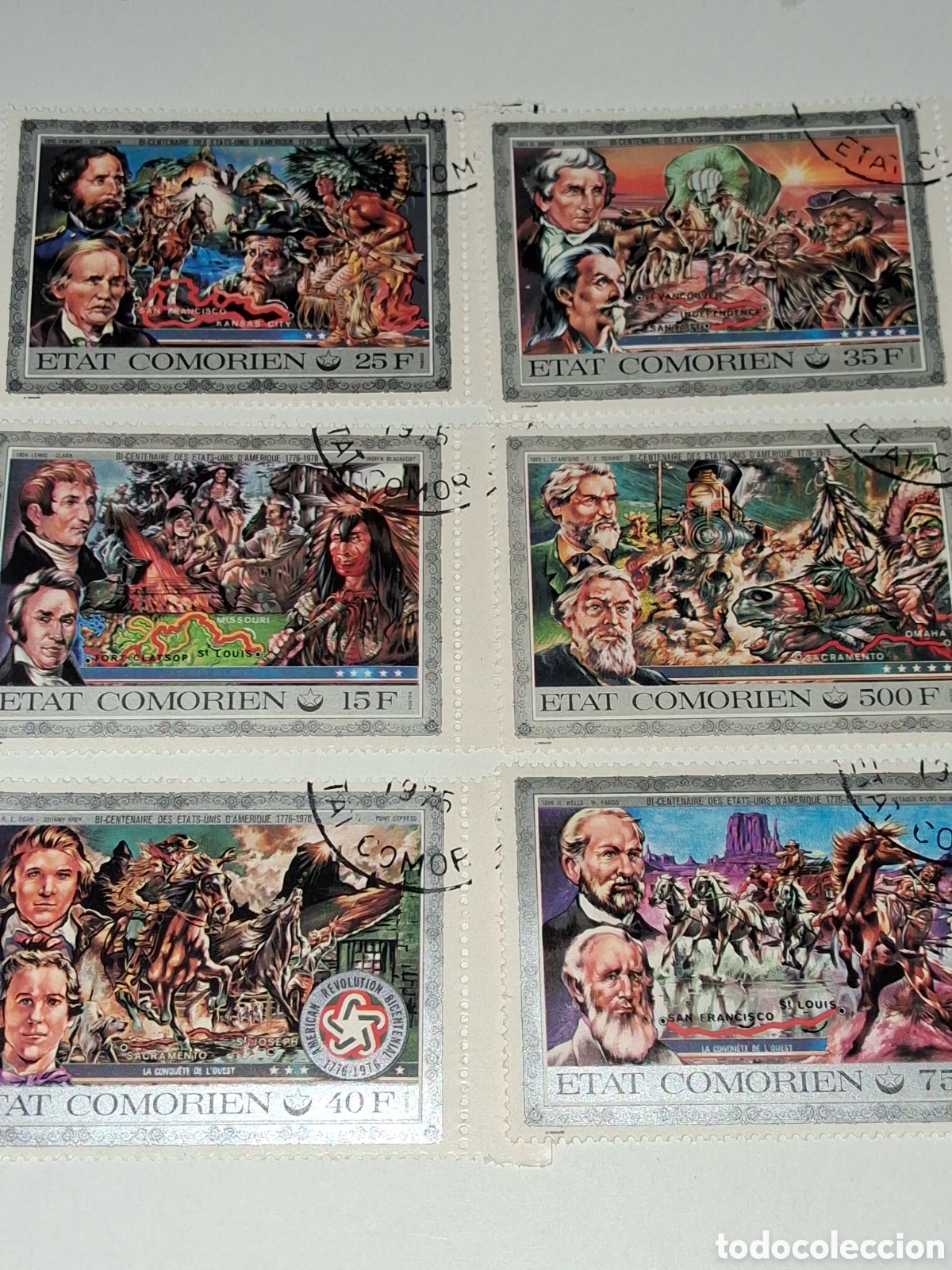 Sellos: Sello (2series) Comoras mtdo 1976. 200Aniv independencia Am&eacute;rica. Conquista oeste. Militar. Indios.