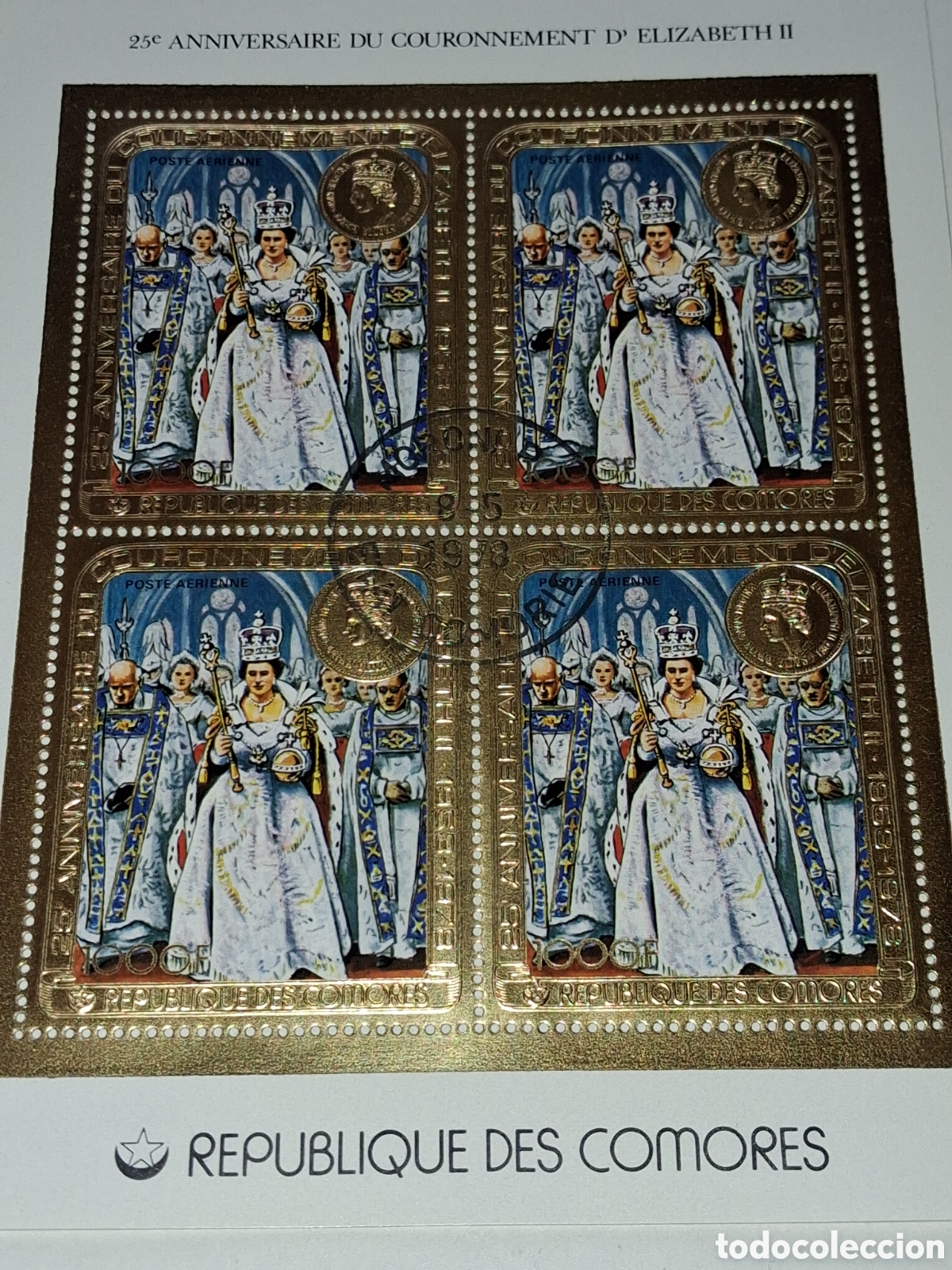 Sellos: HB comoras mtdo 1978. 25Aniv coronaci&oacute;n Isabel II. Monarqu&iacute;a. Nobleza. Ropas t&iacute;picas. Folclore. Hist
