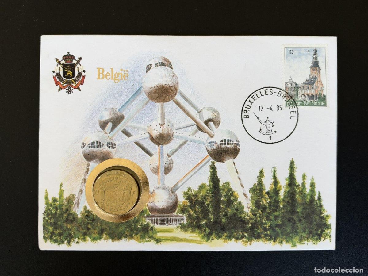 Sellos: B&eacute;lgica sobre numism&aacute;tico 1985 Atomium Bruselas moneda