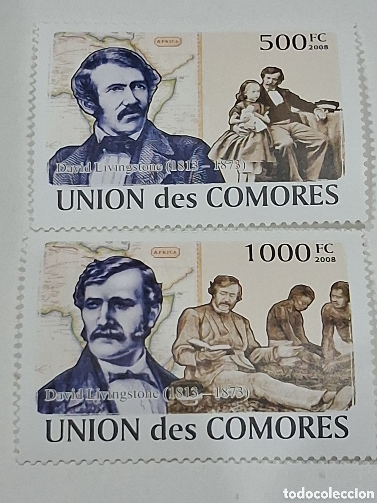 Sellos: Sello Comoras nuevo 2008. Explorador africa. Livingstone. Cartograf&iacute;a. Nativos. Ni&ntilde;o. ,u&ntilde;eca