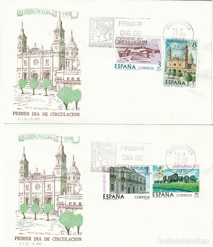 Sellos: EDIFIL 2293/6, HISPANIDAD 1975, URUGUAY, PRIMER DIA 12-10-1975 EN 2 SOBRES DEL SFC SERIE COMPLETA