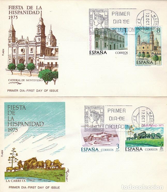 Sellos: EDIFIL 2293/6, HISPANIDAD 1975, URUGUAY, PRIMER DIA 12-10-1975 EN 2 SOBRES DE ALFIL SERIE COMPLETA