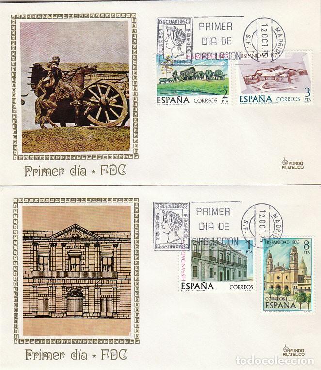 Sellos: EDIFIL 2293/6, HISPANIDAD 1975, URUGUAY, PRIMER DIA 12-10-1975 MUNDO FILATELICO, 2 SOBRES