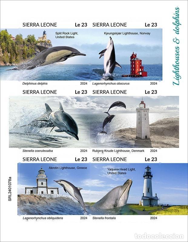 Sellos: Sierra Leona 2024 Mi. 18116-18121 hoja sin dentar faros delfines