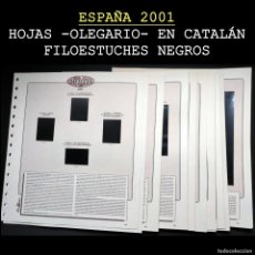 Sellos: ESPAÑA 2001. AÑO COMPLETO -HOJAS OLEGARIO EN CATALAN, FILOEST. NEGROS- SIN SELLOS. USADO