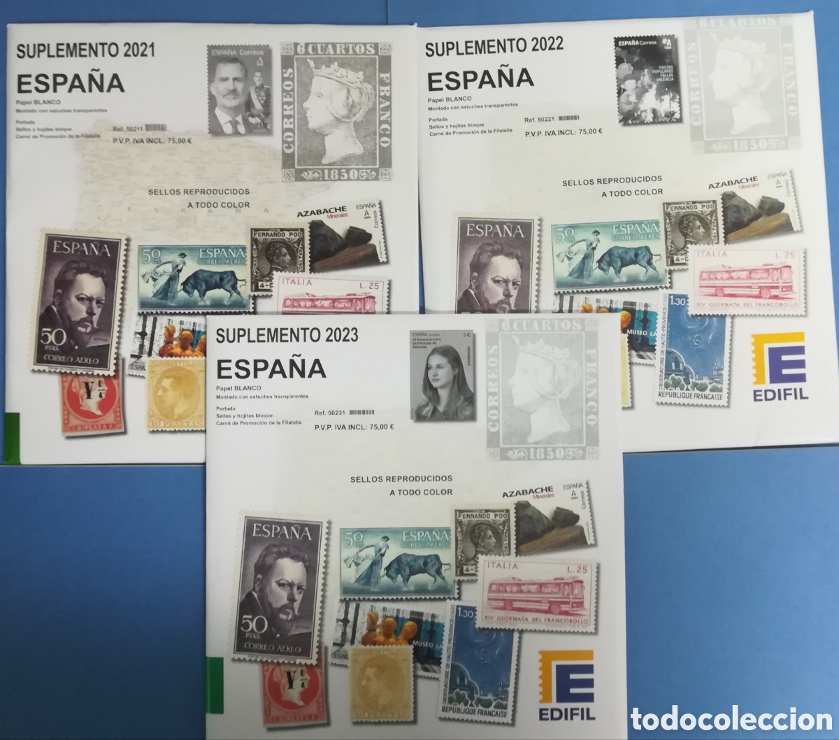 Stamps: 3 suplementos 2021, 2022 y 2023 con estuches transparentes