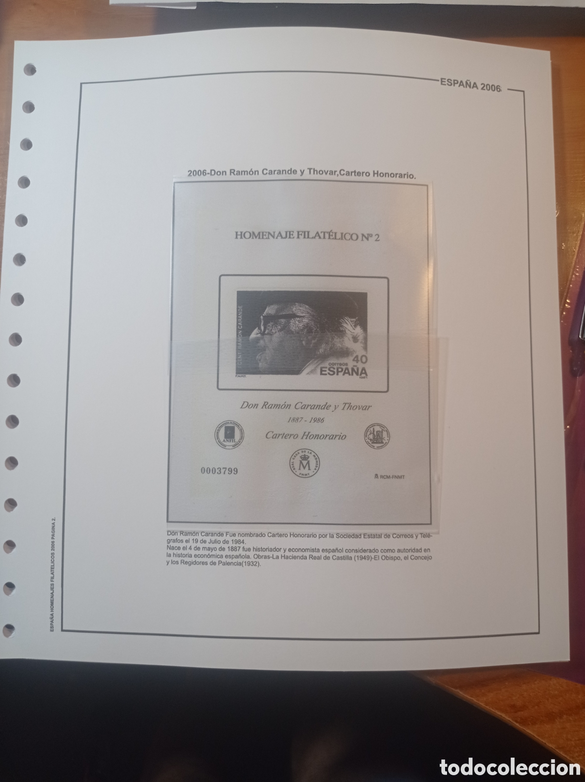Sellos: Suplemento de Espa&ntilde;a 2005 homenaje filat&eacute;lico Ram&oacute;n Carande anilla redonda montado blanco nuevo a es